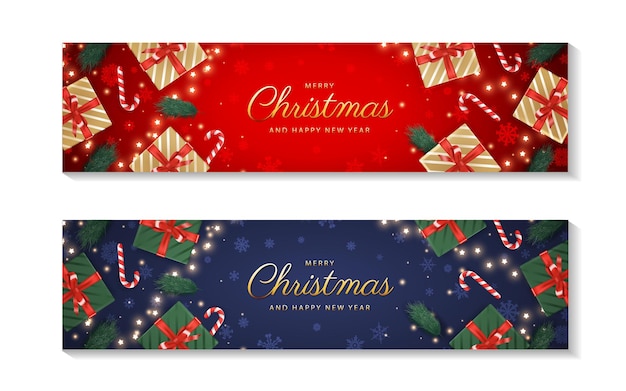 モミの枝入りクリスマス バナー リボン、赤とゴールドのボールおよび花輪飾られています。赤の背景に雪フレーム。あなたのサイトのお祝いヘッダデザイン。のイラスト素材・ベクター Image 67678089