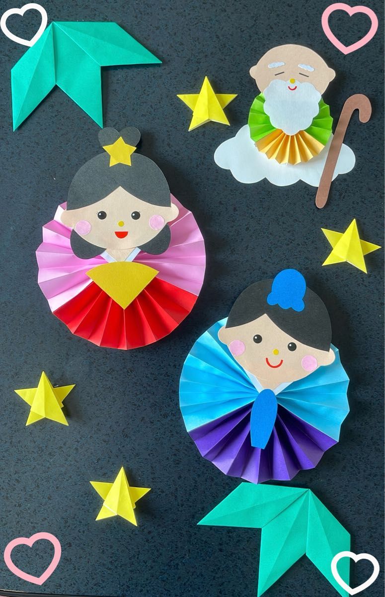 壁面飾り工房本店 壁面装飾・パネルシアター・ペープサート・型紙・知育・保育・介護商品の販売☆壁面飾り工房横170cm 「七夕の夜空で」７月 夏 織姫 彦星 笹 幼稚園 保育園 学校 病院 施設 知育 壁面装飾 型紙 製作☆