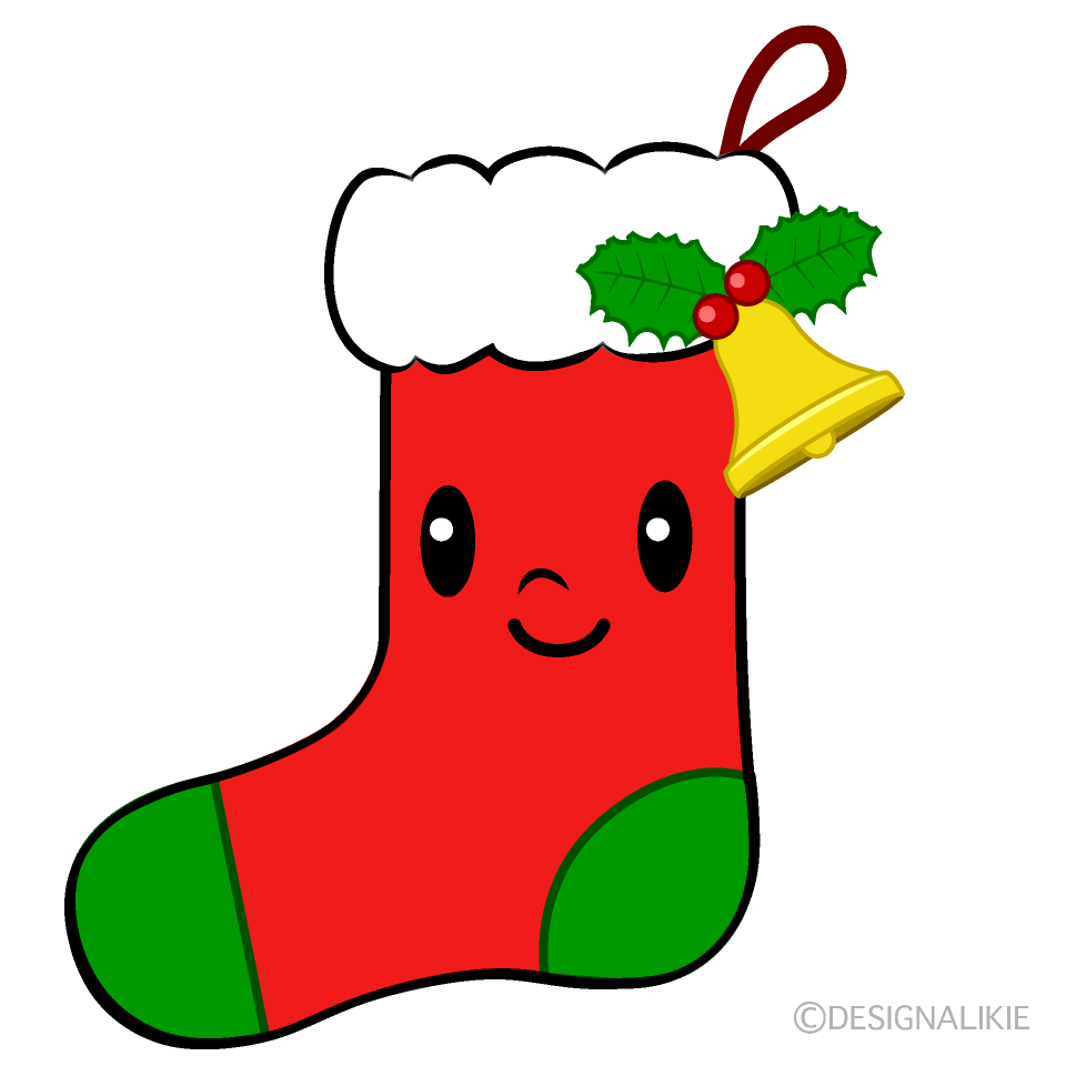 斜めに吊るしたクリスマス靴下の水彩イラスト水彩の挿し絵屋さん