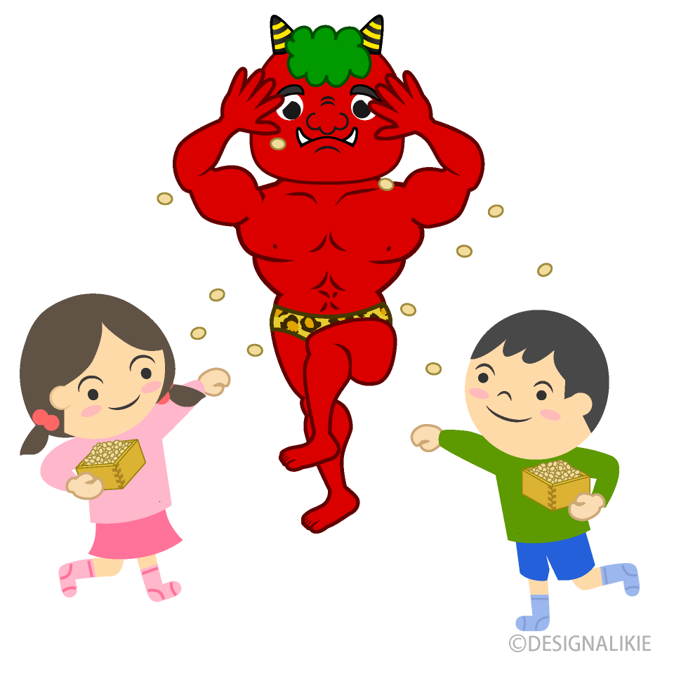 節分の豆まきをする子供と逃げる鬼のイラスト175818387- イメージマート