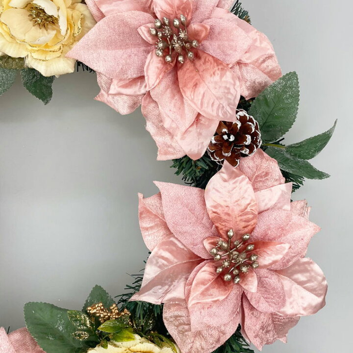 大人可愛い！白とピンクのクリスマスリース♡福井県 ポーセラーツ、ハーバリウム、キャンドル、プリザ、ジュエリーバッグMスタイル、エアリアルリボン♡princess fiore