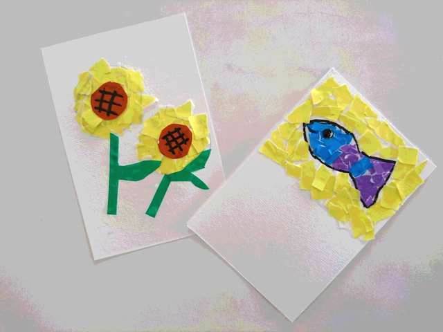 ちぎり絵で暑中見舞いはがきにじのことり