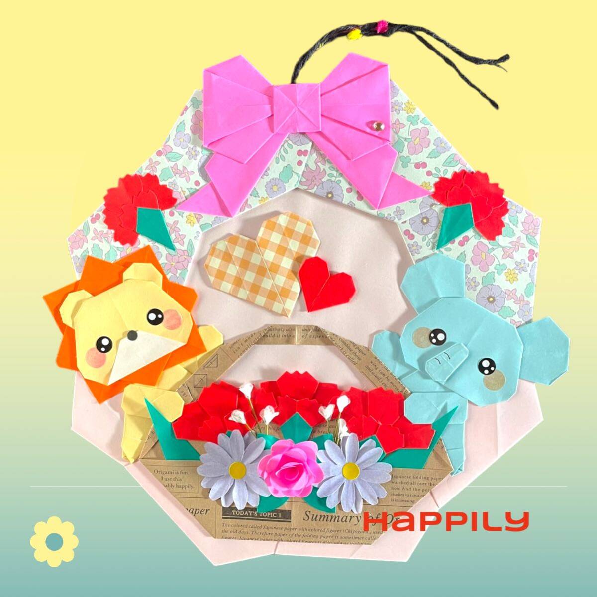 母の日折り紙 カーネーションリースOrigami Carnation WreathカミキィKamikey