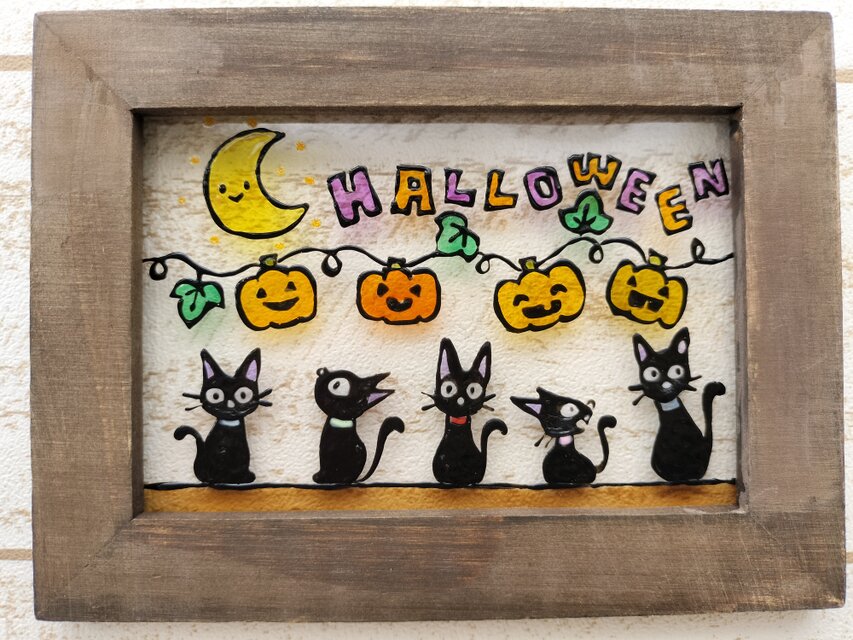 ハロウィンに ステンドグラス モビール 黒猫、魔女、おばけ送料無料*ステンドグラス風*