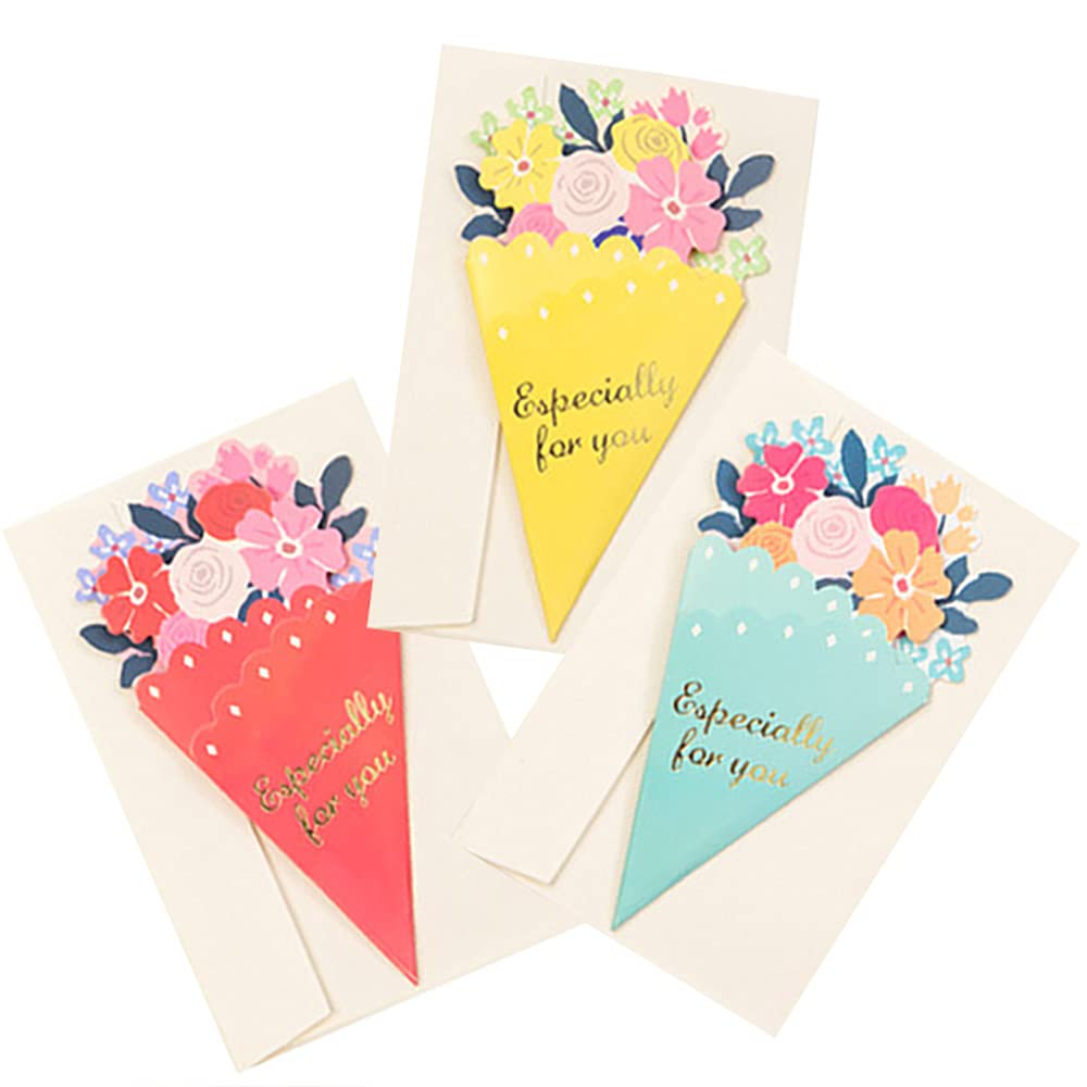 Amazonmoin moin メッセージ カード + 封筒 3種セット花束 花 フラワー ブーケ 型 薔薇 ローズ グリーディングお祝い 祝福レッド イエロー ミントグリーティングカード文房具・オフィス用品