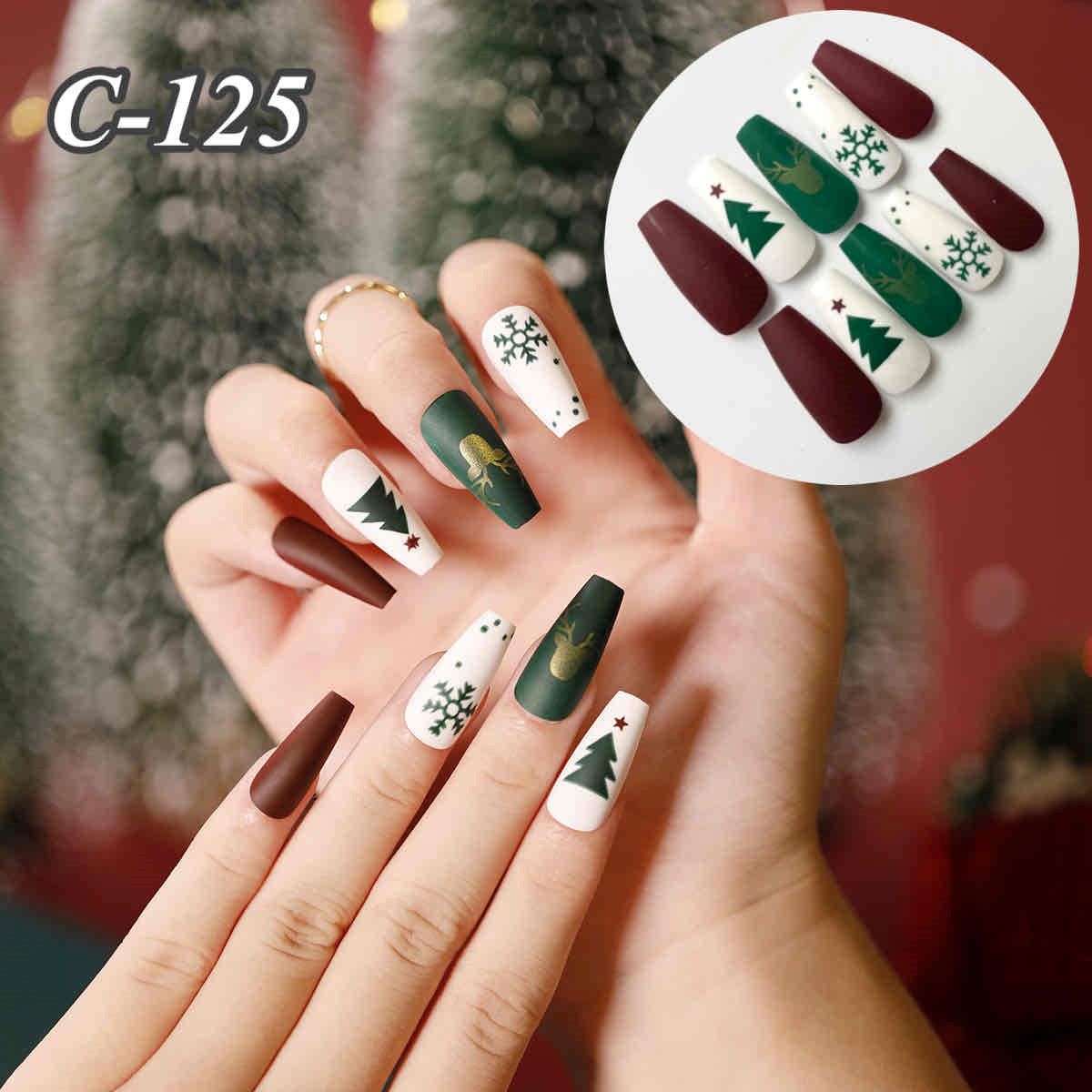 ネイルチップ グリーン×ホワイトスノー×クリスマスネイル 10本セット 両面テープ＆専用収納ケース付き ネイル チップ 付け爪 つけ爪 ジェルオーバル スクエア ロング ショート シンプル 可愛い ゆうパケット送料無料 受注生産 チップラインストーン・ネイルパーツ