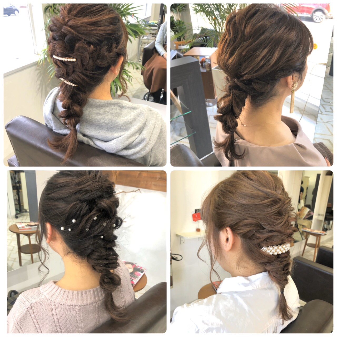 ミディアム編みおろし➀ロング手前のセミロングやミディアムも編みおろし可愛いです💕シンプルなパールのヘアアクセサリーもバランス良くキレイに映えます✨ ポコポコとした立体的なスタイルなので、360℃どこから見てもオシャレです✨ *簡単アレンジヘアアレンジ