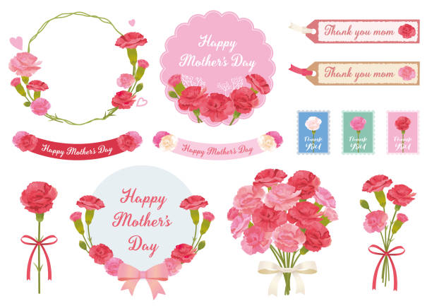 水彩風カーネーションのパーツイラストと母の日に使える手書き文字セット 主線あり ベクター212048094- イメージマート