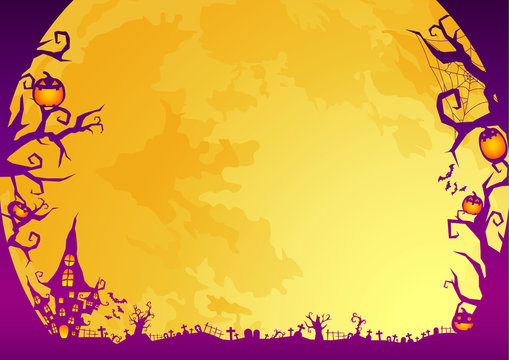 カボチャあふれる都会のハロウィン背景・紫：イラスト無料