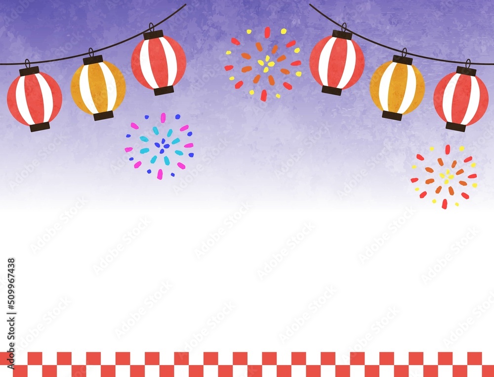 カラフルなちょうちんと赤い市松模様のフレーム・お祭りやイベントに使えるフレーム素材無料イラスト素材TemplateBox