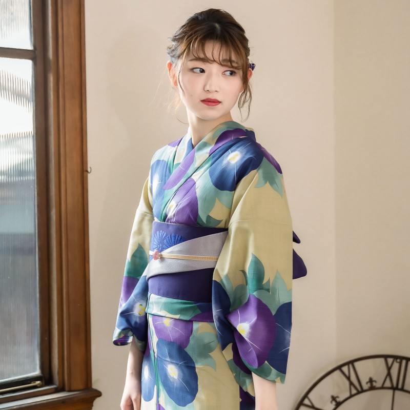 浴衣 生成りに朝顔模様 着物レンタルあき来店着付け無料・全国配送無料