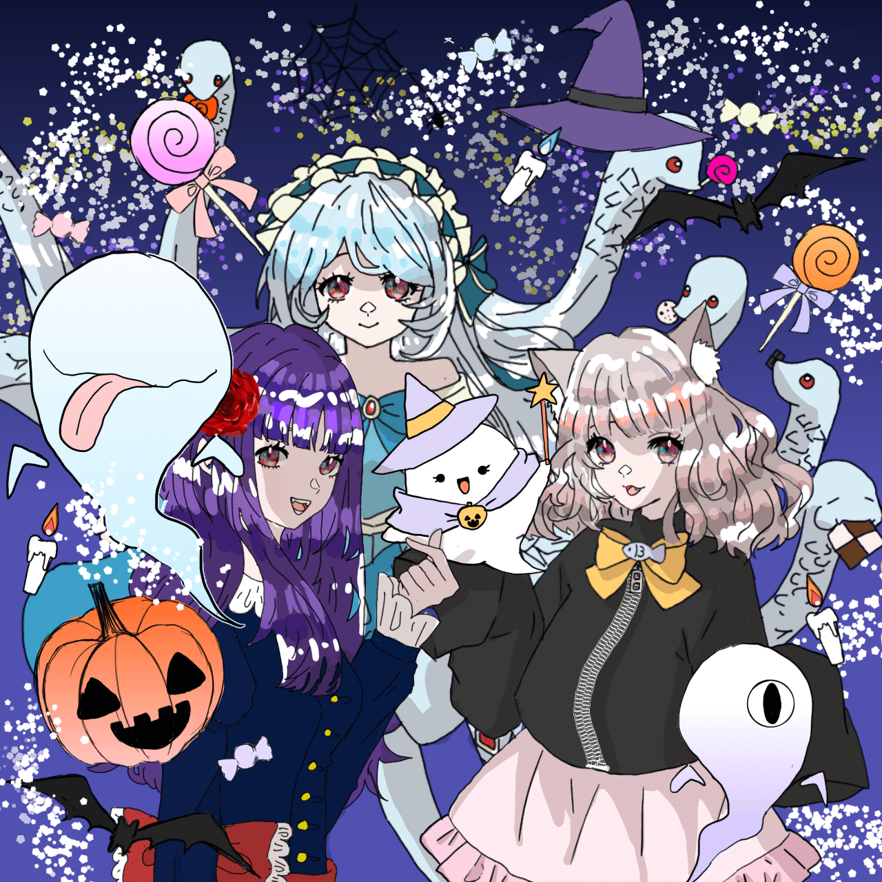 ハロウィンプリント2 お化けたち スケア 50cm単位切売り 切り売り 生地 布 布地 ハロウィン ハロウィーン かぼちゃ おばけ ゴースト クモ棺 ブロック柄