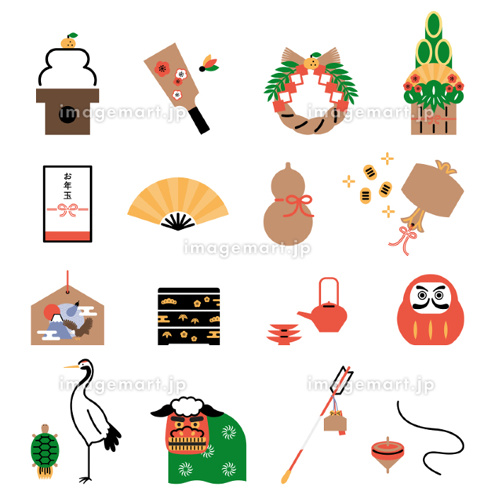 お正月縁起物イラストをまとめた年賀状 : ID-3726ご当地写真・イラスト素材サイト PICTY ピクティ