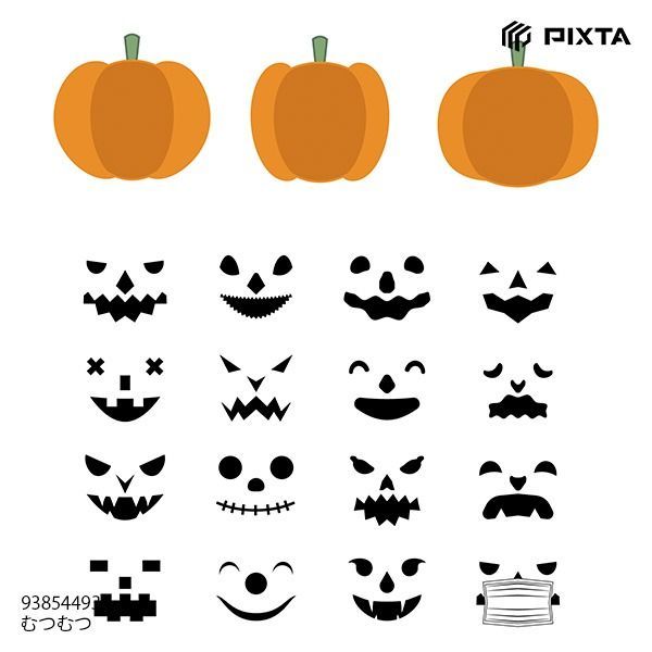 ハロウィン 顔 シルエット ステッカー 怖い ハロウィン かぼちゃ アイコン セット ベクター イラストPremiumベクトル素材
