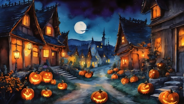 紫色のハロウィーン風景素材集：イラスト無料