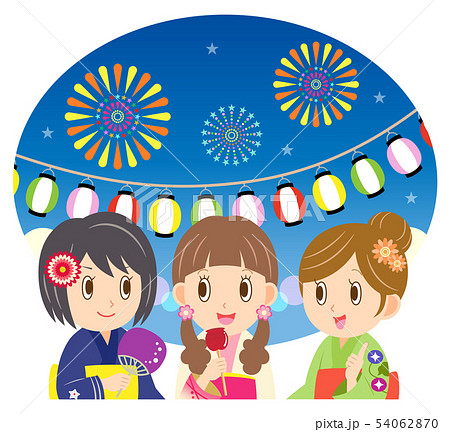 浴衣を着て手書き風の花火大会を見る女性の無料イラスト49848素材Good