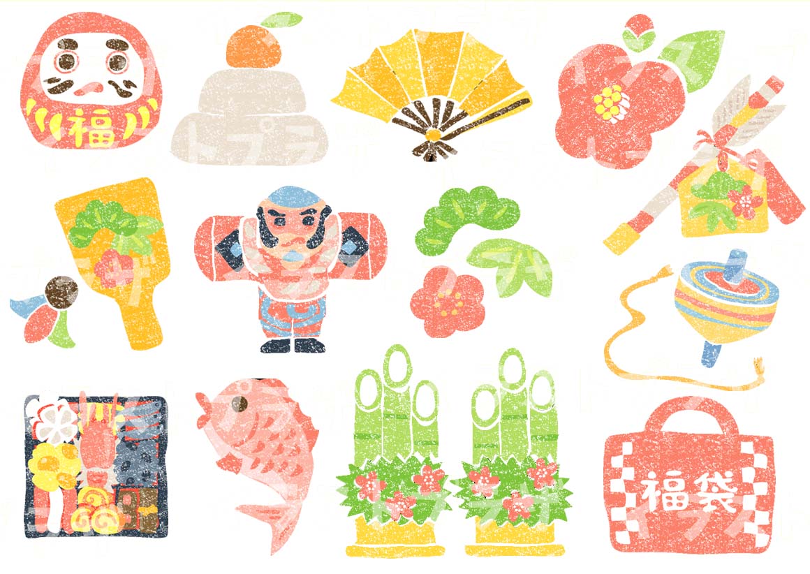 お正月準備するニワトリキャライラストのフリー素材イラストイメージ