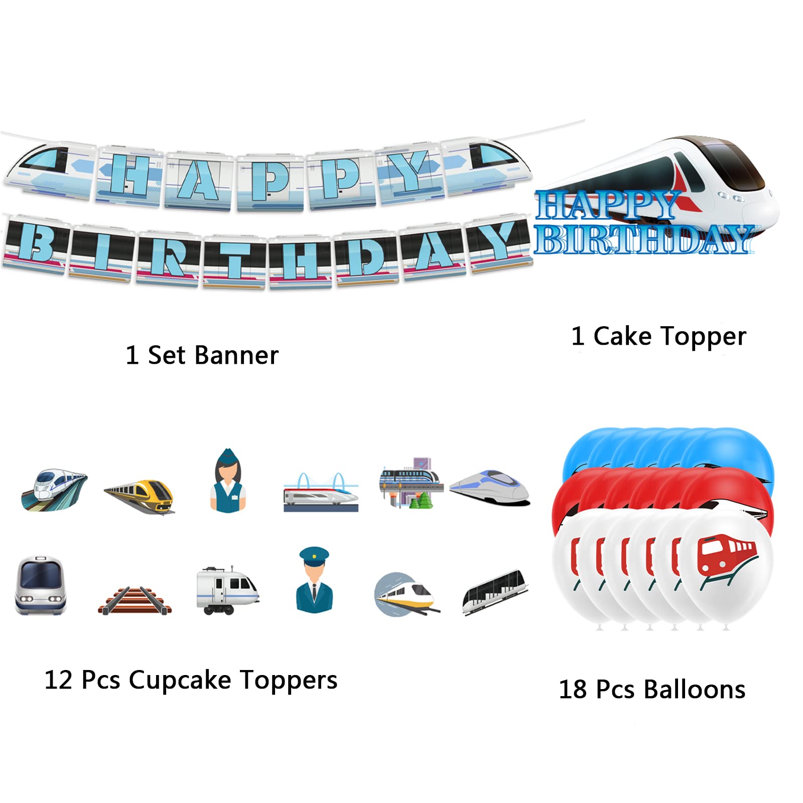 Amazon高速列車パーティーデコレーション 新幹線 誕生日パーティー用品 高速列車ハッピーバースデーバナー ケーキトッパーカップケーキトッパー モダンな列車テーマパーティー用バルーン風船・バルーンおもちゃ