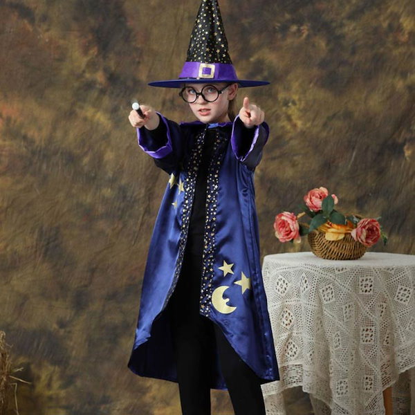 ハロウィン 衣装 魔女 紫 ロングドレス 妖精 子供 女の子 コスプレ 仮装 コスチューム 2点セット ロング丈 帽子 ドレス こども 子ども用魔法使い ウィッチ ワンピース 子供服 ガール キッズファッション 飾り とんがり帽子 かわいい おしゃれ パーティー ステージ 劇 変装