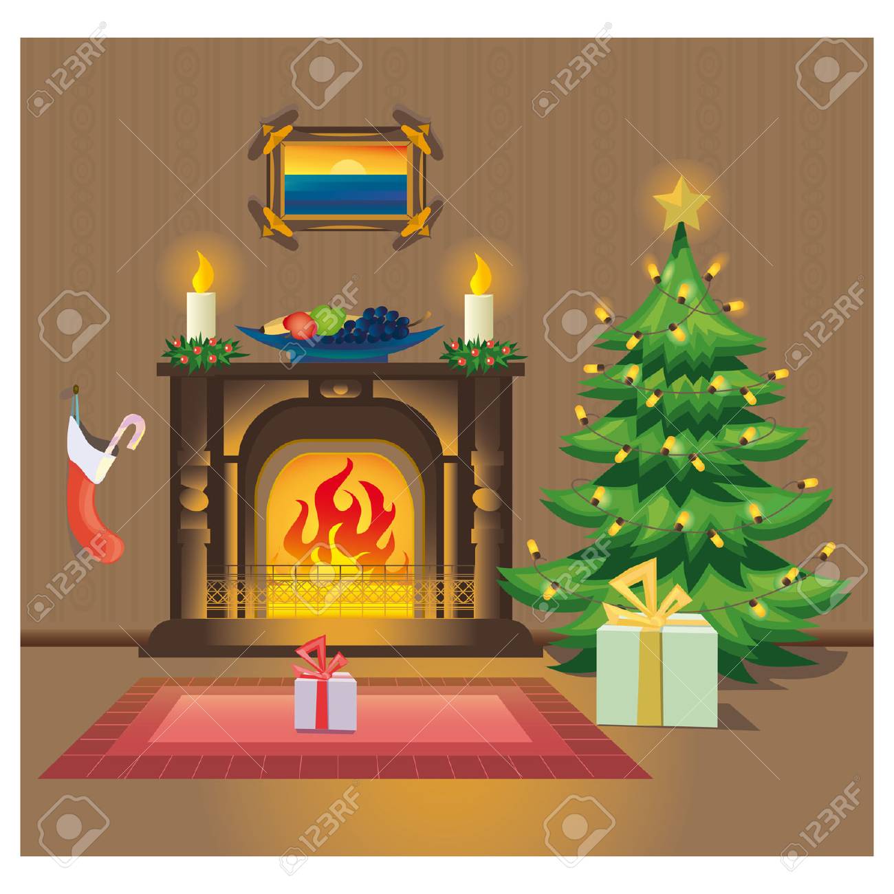 クリスマス暖炉イラスト無料ベクトル素材