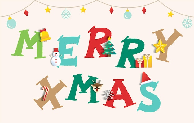 かわいいメリー クリスマス フォント文字漫画クリスマスのお祝いの要素雪だるまクリスマス ツリーPremiumベクトル素材