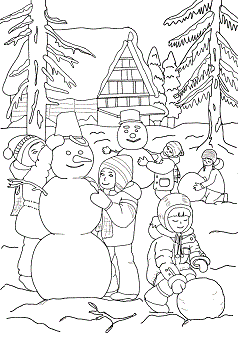 雪だるまを作る子供達のぬりえ 線画 イラスト素材イラスト無料・かわいいテンプレート