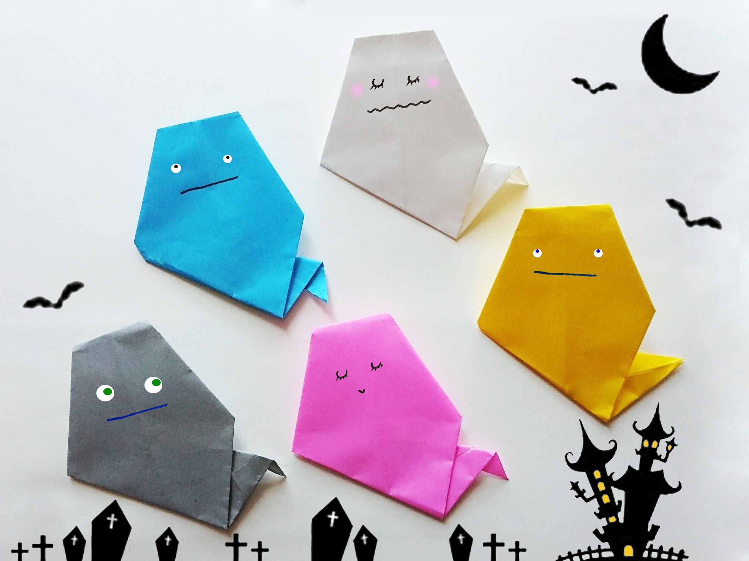 保育園 10月製作 ハロウィン 簡単折り紙おばけ・コウモリ・かぼちゃ・お城の作り方保育士のお仕事静岡