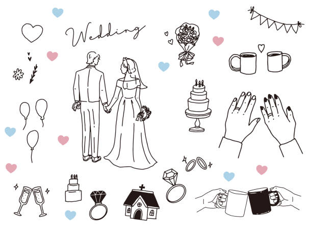 フリー素材白いバラの花束のイラスト。結婚式のブーケのデザインに