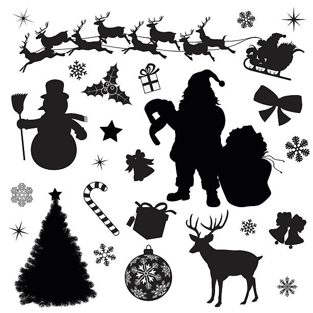 サンタクロースとソリを引くトナカイのシルエット 背景・壁紙素材