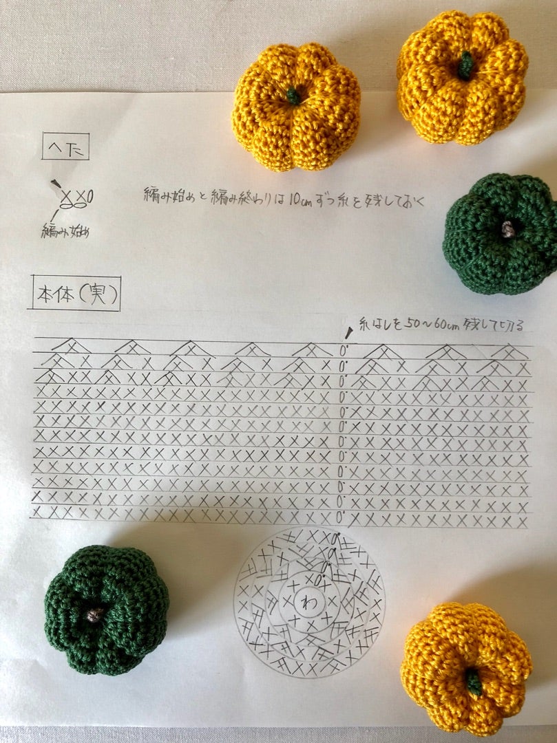 🎃🎃🎃 余っていた毛糸でかぼちゃを作ってみました♡ 簡単に編み図を書いてみたので、良かったらみなさんも編んでみて下さい♪イトコバコハマナカあみものあみぐるみハロウィンかぼちゃ
