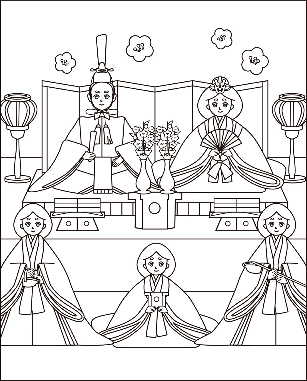 ひなまつりのひな人形のぬりえラインです。Premiumベクトル素材