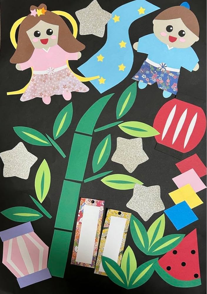 色画用紙手作り「笹と七夕飾り」図工人図工人