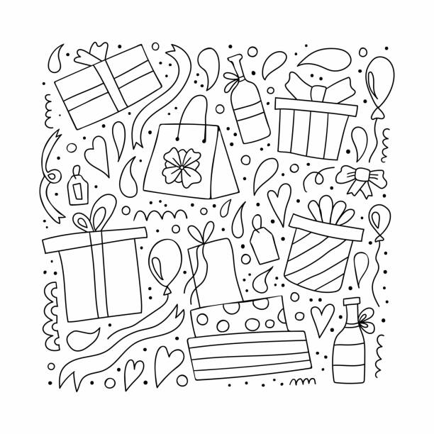 黒と白の漫画イラスト クリスマスや誕生日のプレゼントやギフト オブジェクト クリップ アート セット塗り絵ののイラスト素材・ベクター Image23643656