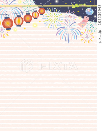 シンプルイラスト無料夏祭り 町並み 花火 青色 背景イラストダウンロード