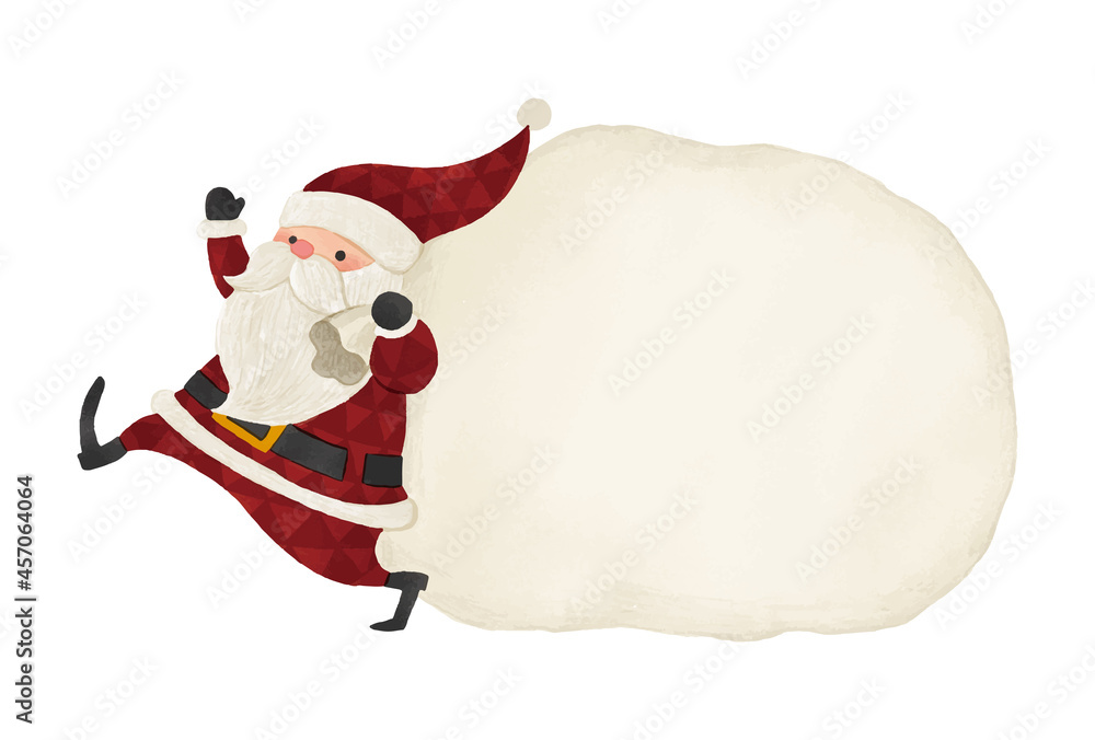 プレゼントが入った大きな袋を抱えたかわいいサンタクロースの横型のかわいいイラストフレーム 飾り枠 Decome