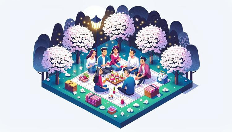 満開の桜の下で仲間たちと花見宴会のイラスト素材121510967- PIXTA