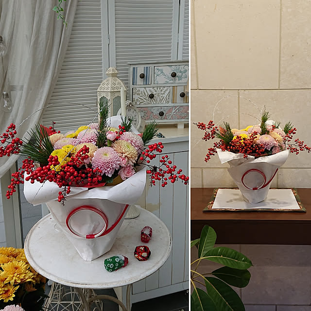 100均造花 セリア お正月アレンジメントの作り方 挿す位置解説 簡単おしゃれに手作り