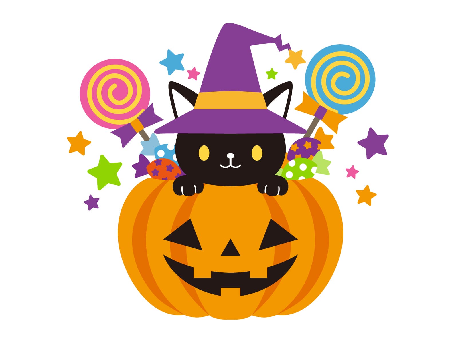 ハロウィン・かぼちゃに詰めたキャンディーのイラストフリー素材 イラストミント