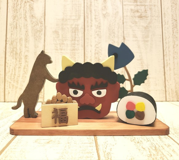 木製 月飾りオブジェ ２月 節分 鬼の気持ち～鬼と枡 季節行事 豆まき インテリア 置物～つながって