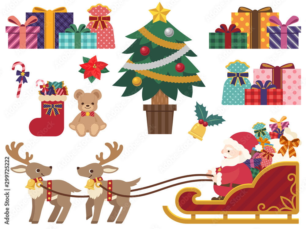 クリスマスのイラストセット ソリを引くトナカイとサンタクロースとツリーとプレゼント Stock VectorAdobe Stock