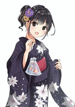 花火をバックに振り替える浴衣の女性のイラスト素材103333592- PIXTA