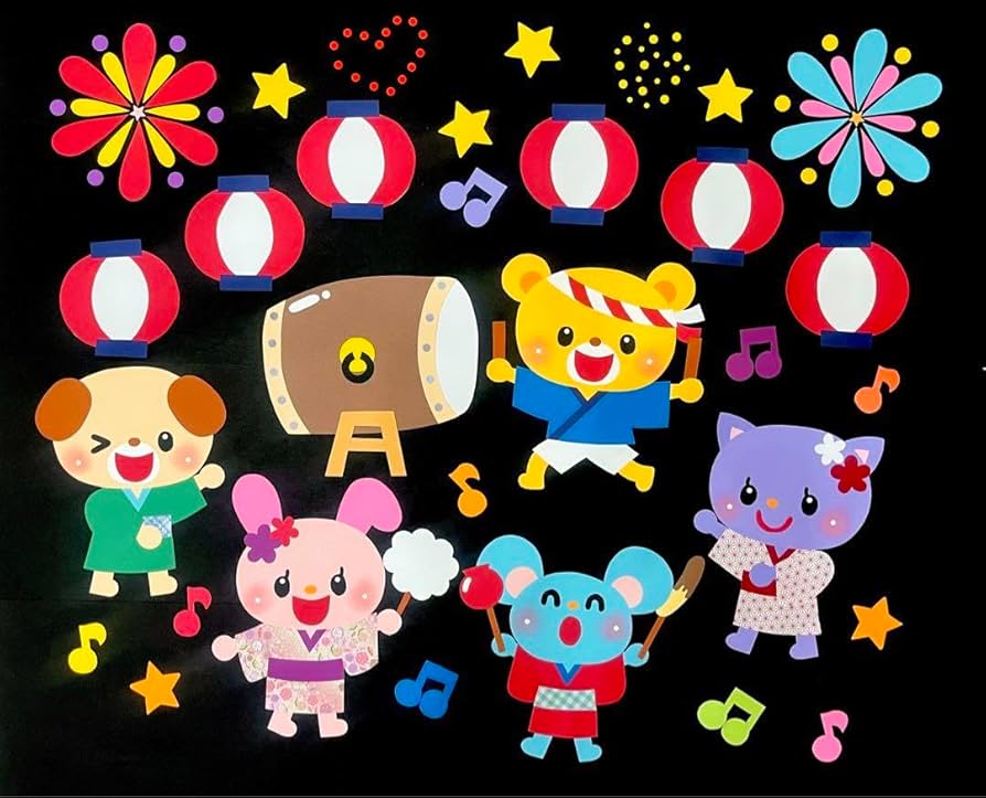 壁面飾り工房本店 壁面装飾・パネルシアター・ペープサート・型紙・知育・保育・介護商品の販売☆壁面飾り工房横100cm 「夏祭り楽しいね！」６月 ７月 ８月 夏 幼稚園 保育園 学校 病院 施設 知育 壁面装飾 型紙 製作☆