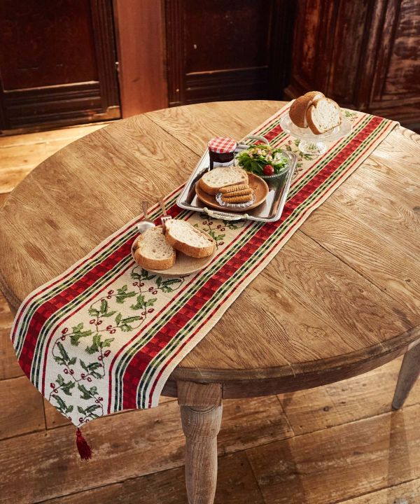 手作りのクリスマステーブルランナー、クリスマスベルと聖なる葉のビーズテーブルランナー、赤、白のセンターピース、ホリデーホームデコレーション 13 x36 インチ - Etsy 日本