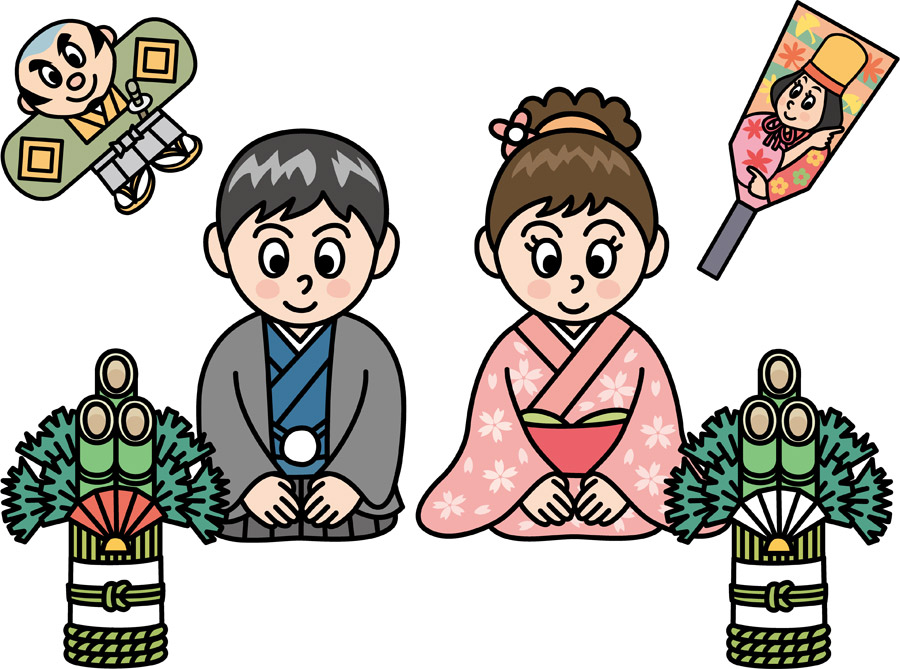 新年挨拶する龍夫婦イラストのフリー素材イラストイメージ