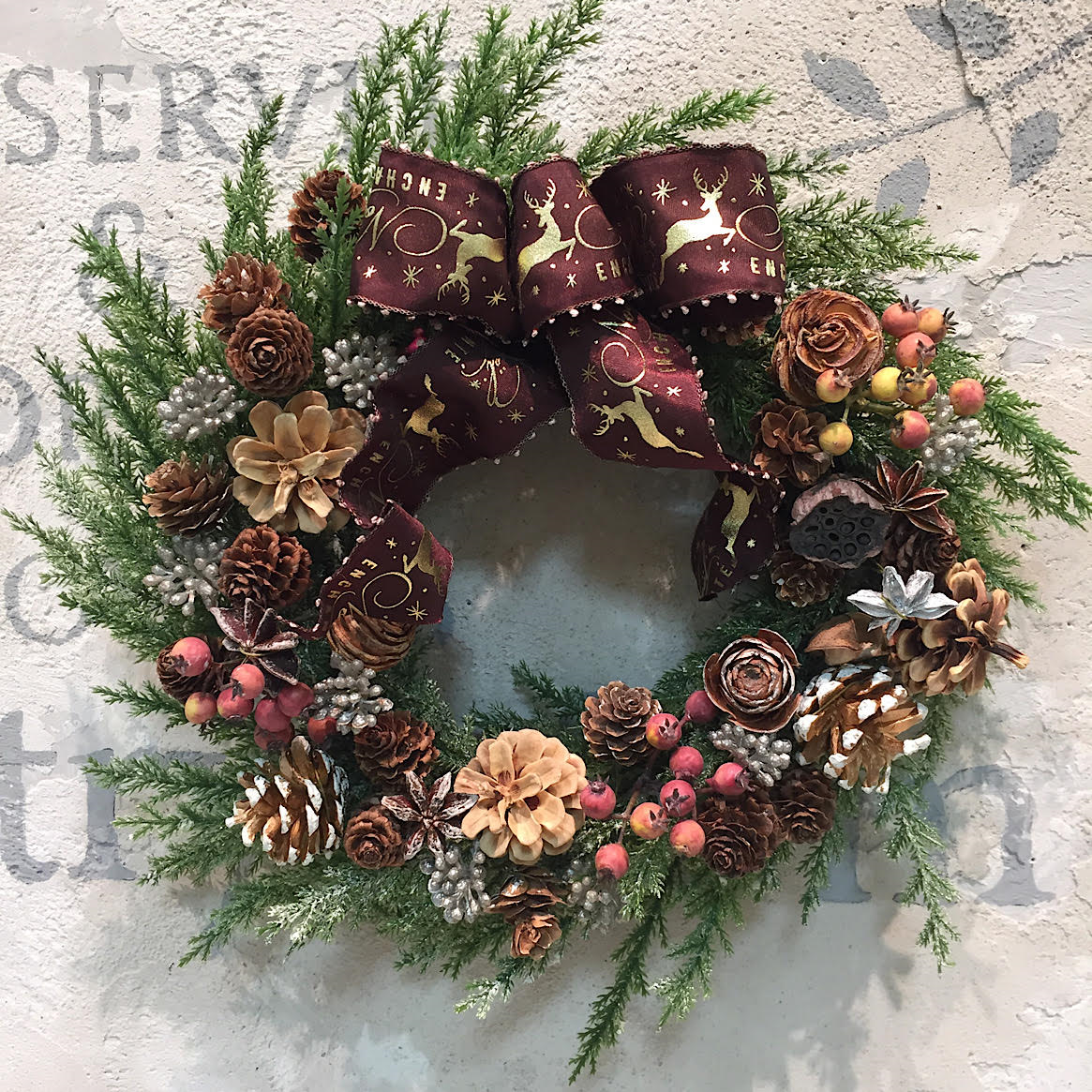 クリスマスリース・ナチュラルリース・コットンフラワー・ナンキンハゼ・野ばら実