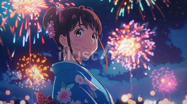 フリー素材浴衣を着た子供達の楽しい花火大会を描いたフリーイラストセット