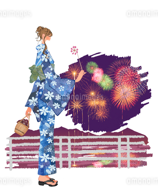 夏祭りのイラスト 打ち上げ花火を眺める浴衣姿の家族無料フリーイラスト素材集 Frame illust