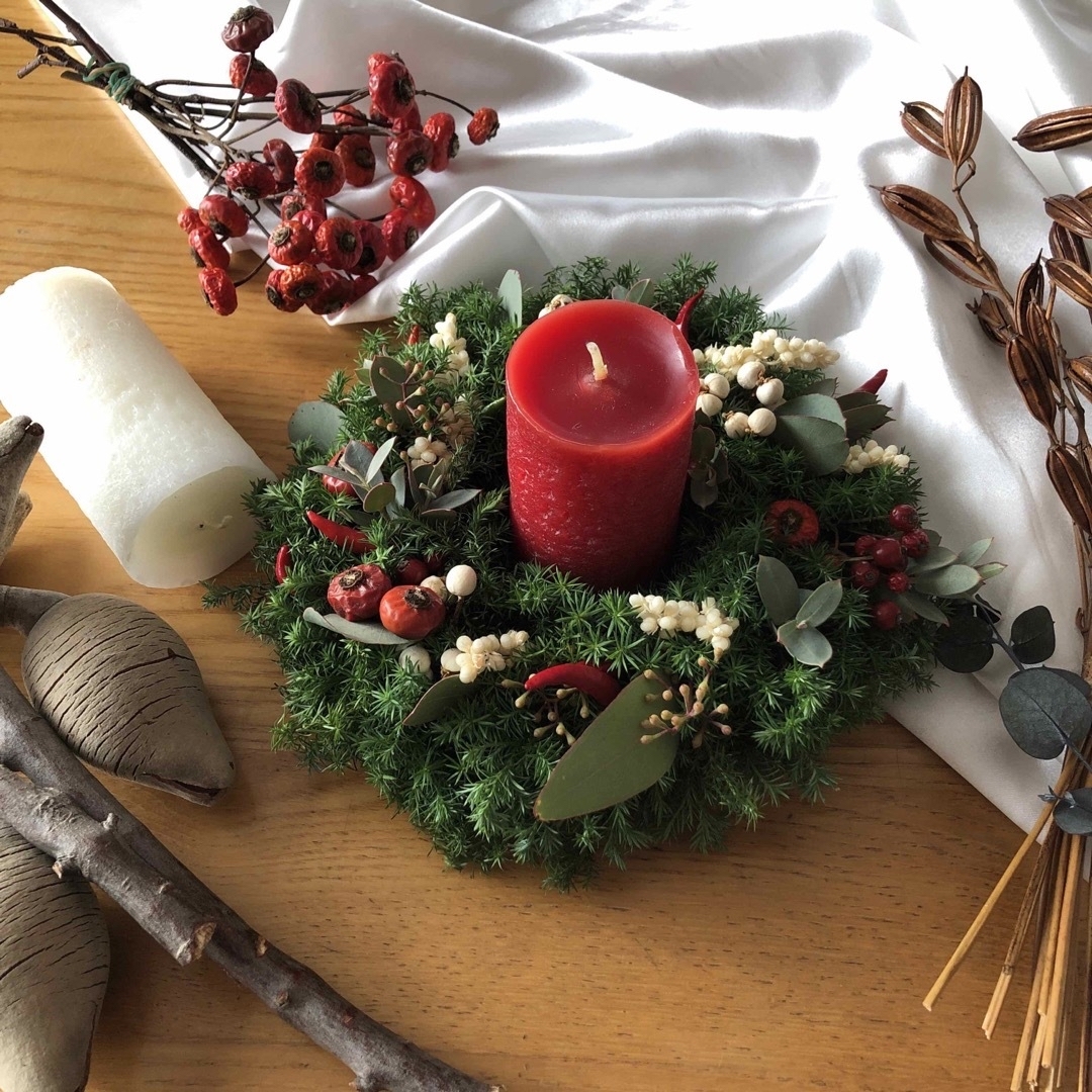 大人色のクリスマスキャンドルリース☆クリスマスリース☆ドライフラワーリース