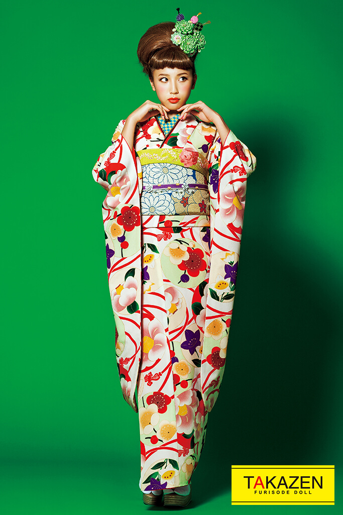 正統派レトロ 黄 赤 グリーン 緑色小花柄 モダン振袖ネットレンタル 個性的 おしゃれ 32099成⼈式の振袖ネットレンタルならFURISODEDOLL フリソデドール全国対応 by TAKAZEN