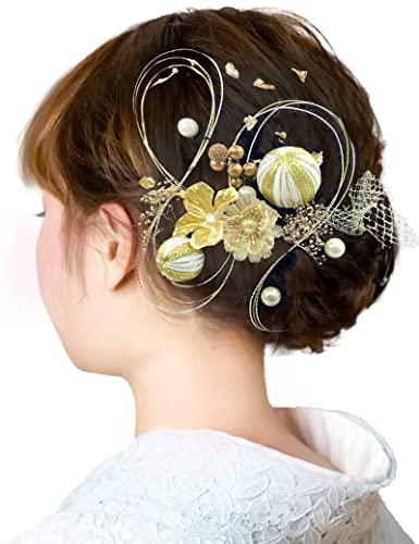 髪飾り 成人式 水引 2点セット 振袖 卒業式 袴 白 ゴールド 青 グレー 花 きもの館 創美苑